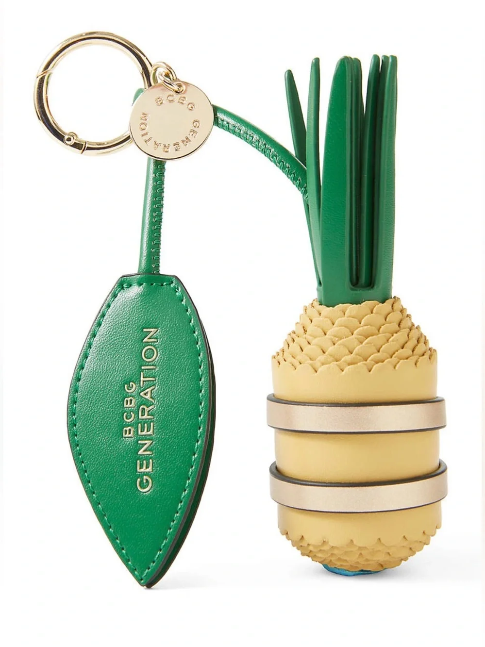NWT BCBGeneration 3D Pineapple Bag Charm Yellow Green Faux Leather Keychain Gold